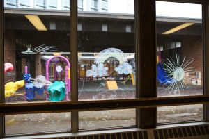 haring center through window